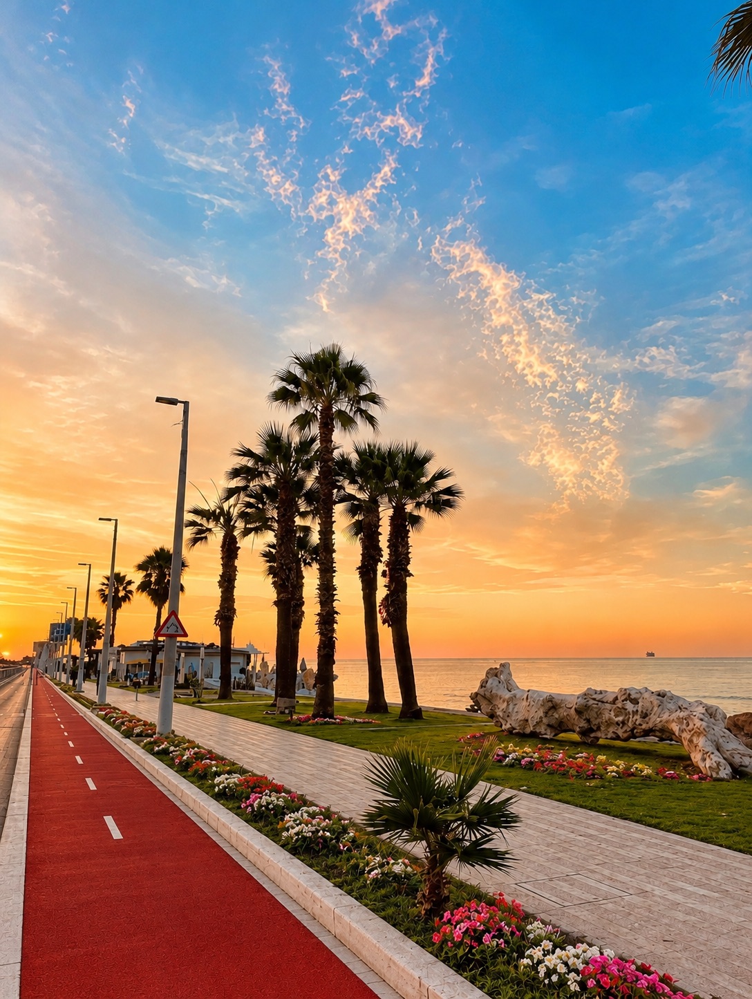 Il lungomare di Porto Sant'Elpidio al tramonto, tra palme, aiuole fiorite e pista ciclabile